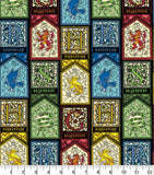 FS635_28 Harry Potter – Stained Glass Houses Cotton Fabric | Fabric | Broomstick, Children, Cotton, Fabric, FS635, Harry Potter, Hogwarts, licensed, New, Seeker, Training, witch | Fabric Styles