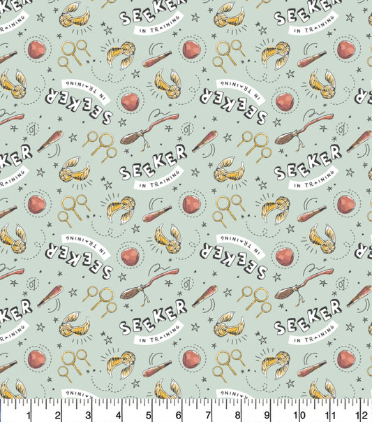 FS635_26 Harry Potter – Seeker in Training Sage Cotton Fabric | Fabric | Broomstick, Children, Cotton, Fabric, FS635, Harry Potter, Hogwarts, licensed, New, Seeker, Training, witch | Fabric Styles