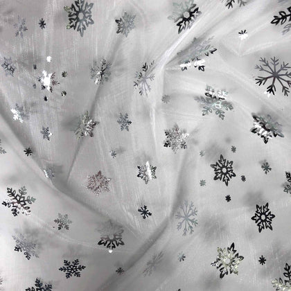 FS661_1 Snowflake Foil Organza | Fabric | brown, Christmas, dressmaking, Fabric, fabrics, fashion fabric, FS490, Green, Grey, leggings, leopard, Nylon, Organsa, Organza, Pink, Plain, SALE, see through, sewing, skirt, Snowflake, Snowflakes, Transparent, White, XMAS | Fabric Styles