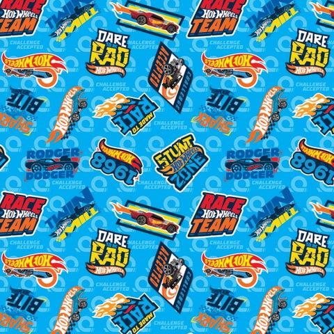 FS1189_2 Hot Wheels Challenge Accepted Badges Blue Cotton Fabric | Fabric | 100% Cotton, Animal, Animals, Blue, Children, Childrens, Cotton, Fabric, fashion fabric, Funny, Hot Wheels, Kids, Monsters, New, Racing Car, sewing, Tracks, Tropical, United kingdom, Wheels | Fabric Styles