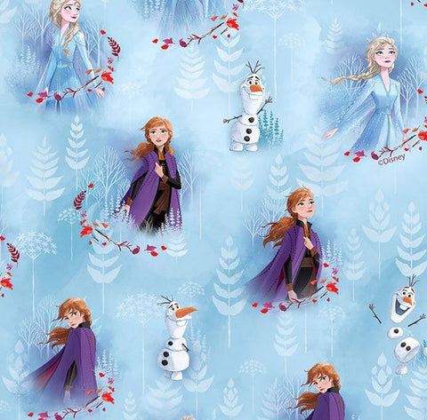 FS763_1 Disney Frozen Anna, Elsa & Olaf | Fabric | blue, Brand, Branded, Children, Cotton, Disney, drape, elsa, Fabric, fashion fabric, frozen, Frozen 2, Kids, Light blue, making, olaf, Pink, sewing, Skirt, Snow, Snowflakes, snowman, XMAS | Fabric Styles
