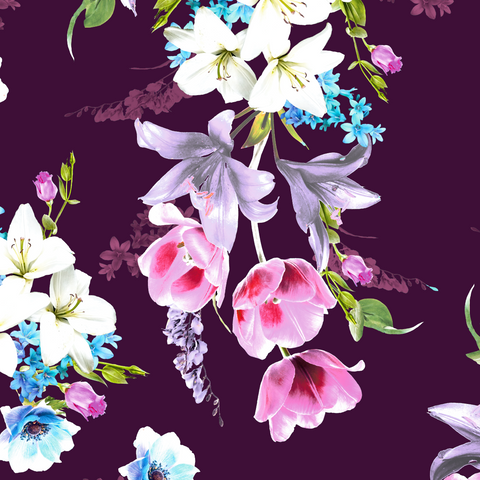 FS577_3 Tulie Floral | Fabric | drape, elastane, Fabric, fashion fabric, Floral, Flower, Flowers, jersey, making, Pink, Polyester, purple, Scuba, sewing, Stretchy, Watercolor, Watercolour, Wine | Fabric Styles