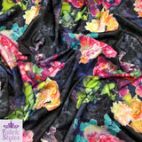 FS004_2 Bright Floral Scuba Fabric | Fabric | Black, Dress, Fabric, Floral, Flowers, Material, Pink, Print, Printed Fabric, Purple, Scuba, Splash, Stretch, summer, Swim, Tie Dye | Fabric Styles