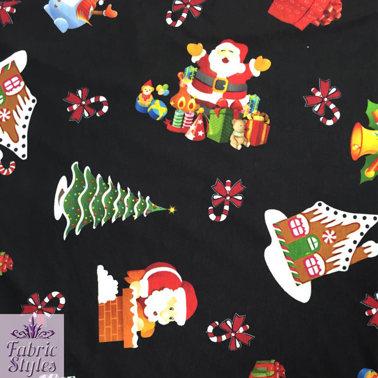 LAST 3m FS077 Christmas Print, Snowman, Tree | Fabric Styles