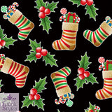 FS078 Christmas Print, Stockings Holly | Fabric | Black, candy, Christmas, fabric, Holly, jersey, polyester, presents, Sale, spun polyester, Spun Polyester Elastane, Stocking, stockings, Sweets, xmas | Fabric Styles