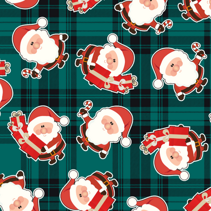 FS079_2 Christmas Tartan Santa Spun Polyester Jersey Knit Stretch Fabric Green | Fabric | Christmas, fabric, Green, jersey, polyester, presents, santa, Santa Clause, snowflakes, Soft, spun polyester, Spun Polyester Elastane, Tartan, Teal, xmas | Fabric Styles