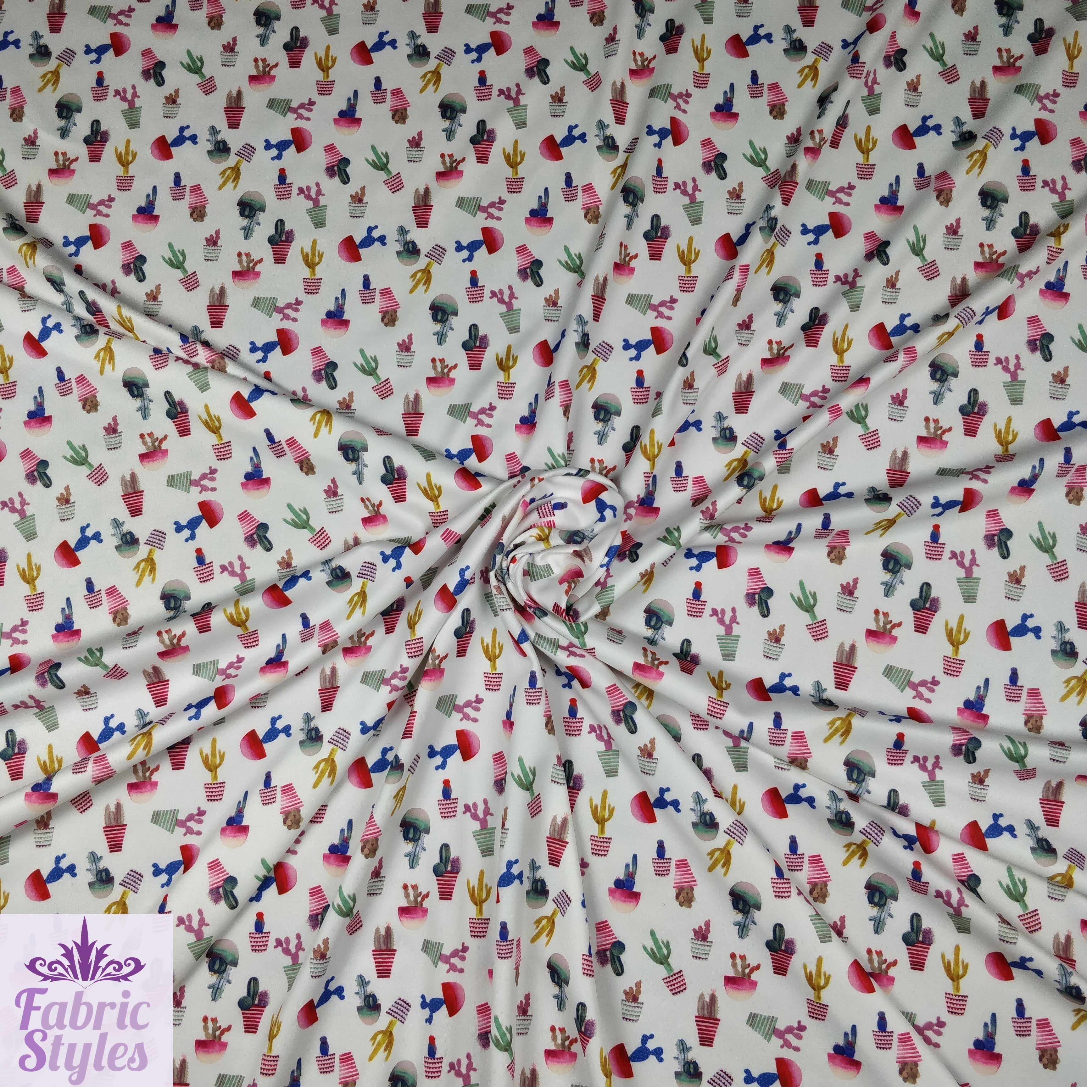 FS096 Cactus Stretch Knit Fabric White | Fabric | cactus, Colourful, drape, Fabric, fashion fabric, floral, Flower, making, Multicolour, Scuba, sewing, Stretchy, White | Fabric Styles