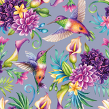 FS1006 Humming Bird Floral Scuba Stretch Knit Fabric Lilac | Fabric | bird, Birds, fabric, floral, Humming, Humming bird, Lilac, pink rose, scuba | Fabric Styles
