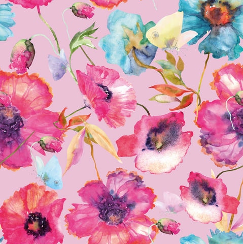 FS1009 Butterfly Poppies Scuba Stretch Knit Fabric Pink | Fabric | Butterfly, fabric, floral, flowers, pink, Poppies, Poppy, rose, roses, scuba, watercolour | Fabric Styles