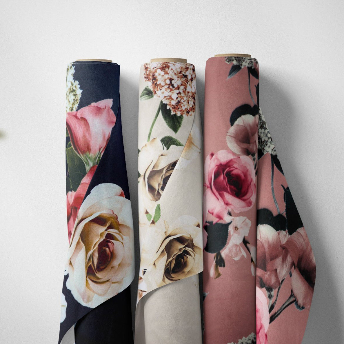 FS1029 Floral Stretch Knit Fabric Black Beige Dusty Pink | Fabric | drape, Fabric, fashion fabric, Floral, Flower, Flowers, Ivory, making, Pink, Rose, Scuba, sewing, Stretchy, White | Fabric Styles