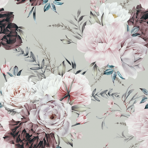 FS1056 Rose Perfection Floral Stretch Knit Fabric Grey | Fabric | Fabric, fashion fabric, floral, Flower, Rose, scuba, sewing, vintage | Fabric Styles