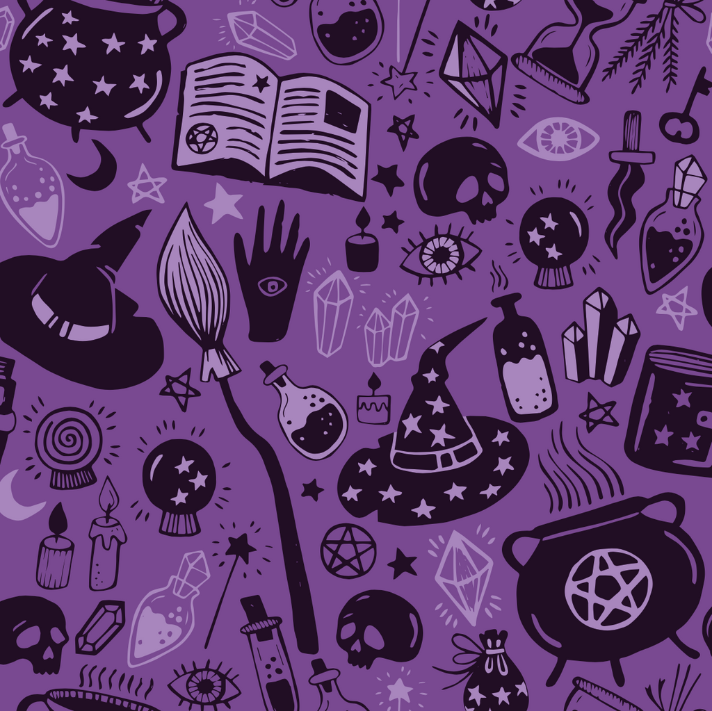 FS1063 Spooky Witchcraft Scuba Stretch Knit Fabric Purple | Fabric | Digitall, fabric, Halloween, Material, Potion, potions, Printed, purple, scuba, witch, Witch Hat | Fabric Styles