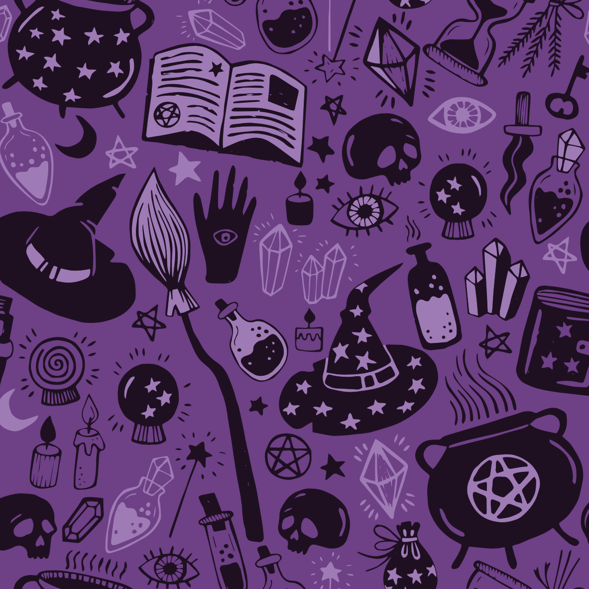 FS1063 Spooky Witchcraft Scuba Stretch Knit Fabric Purple | Fabric | Digitall, fabric, Halloween, Material, Potion, potions, Printed, purple, scuba, witch, Witch Hat | Fabric Styles