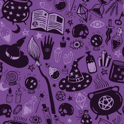 FS1063 Spooky Witchcraft Scuba Stretch Knit Fabric Purple | Fabric | Digitall, fabric, Halloween, Material, Potion, potions, Printed, purple, scuba, witch, Witch Hat | Fabric Styles