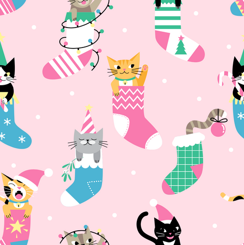 FS1070 Christmas Cats in Stockings Scuba Stretch Knit Fabric Pink | Fabric | Cat, Cats, Christmas, Conversational, drape, Fabric, fashion fabric, jersey, kids, kitten, making, Scuba, sewing, Stocking, stockings, Stretchy, xmas | Fabric Styles