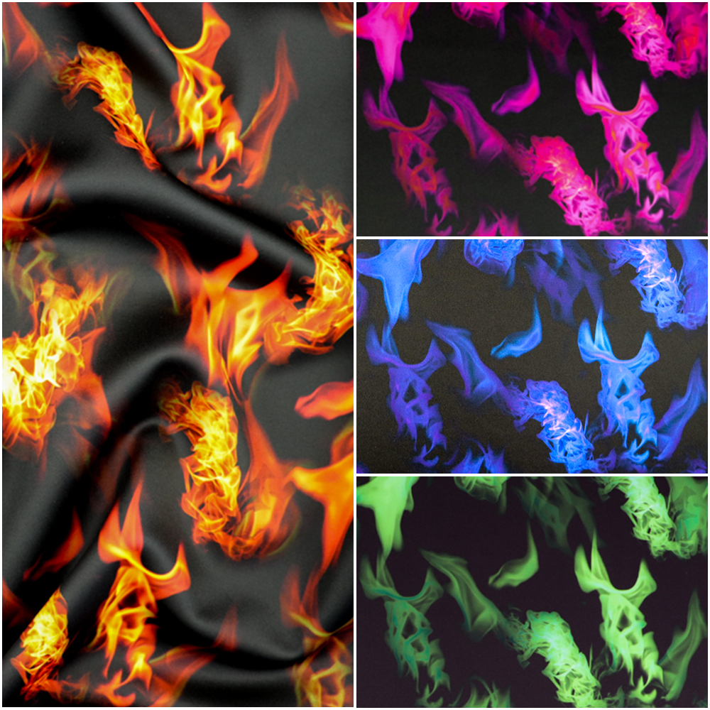 FS1074 Hot Flames Stretch Knit Fabric Fuchsia Blue Green Orange | Fabric | Blue, Conversational, Fabric, fashion fabric, Fire, Flames, Fuchsia, Green, Hot, kids, kitten, Orange, Pink, scuba, sewing | Fabric Styles