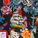 FS117 Floral Tattoo Vintage Cards Spun Polyester Jersey Knit Stretch Fabric Black | Fabric | Ace, Cards, drape, Fabric, fashion fabric, Floral, Hearts, Love, making, Pink, sewing, spun polyester, Spun Polyester Elastane, Valentine, Valentines, Vintage | Fabric Styles