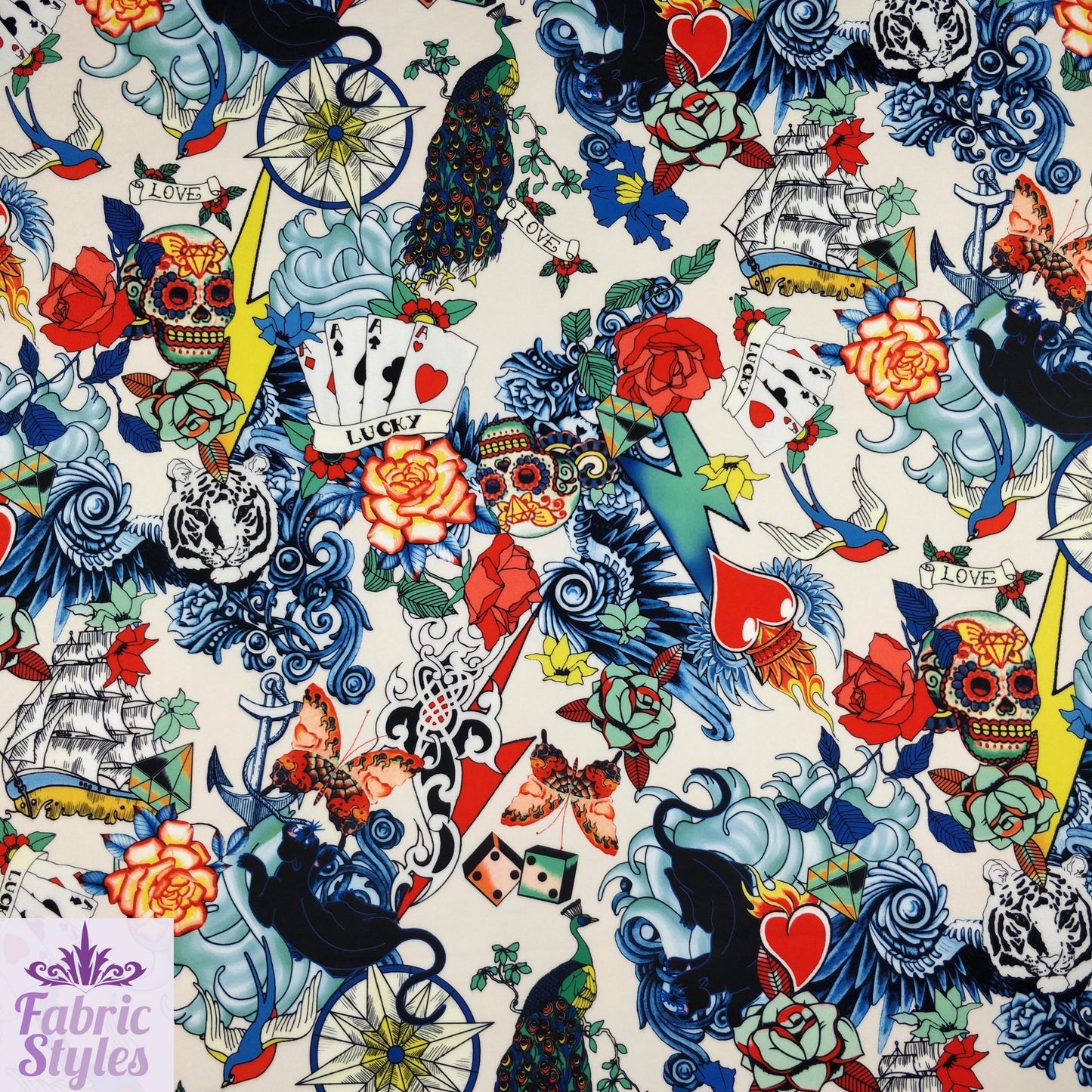 FS117_2 Floral Tattoo Vintage Cards Print Scuba Stretch Knit Fabric White | Fabric | Ace, Cards, Conversational, drape, Fabric, fashion fabric, Hearts, Love, Retro, Scuba, sewing, Skull, Tattoo, Vintage | Fabric Styles