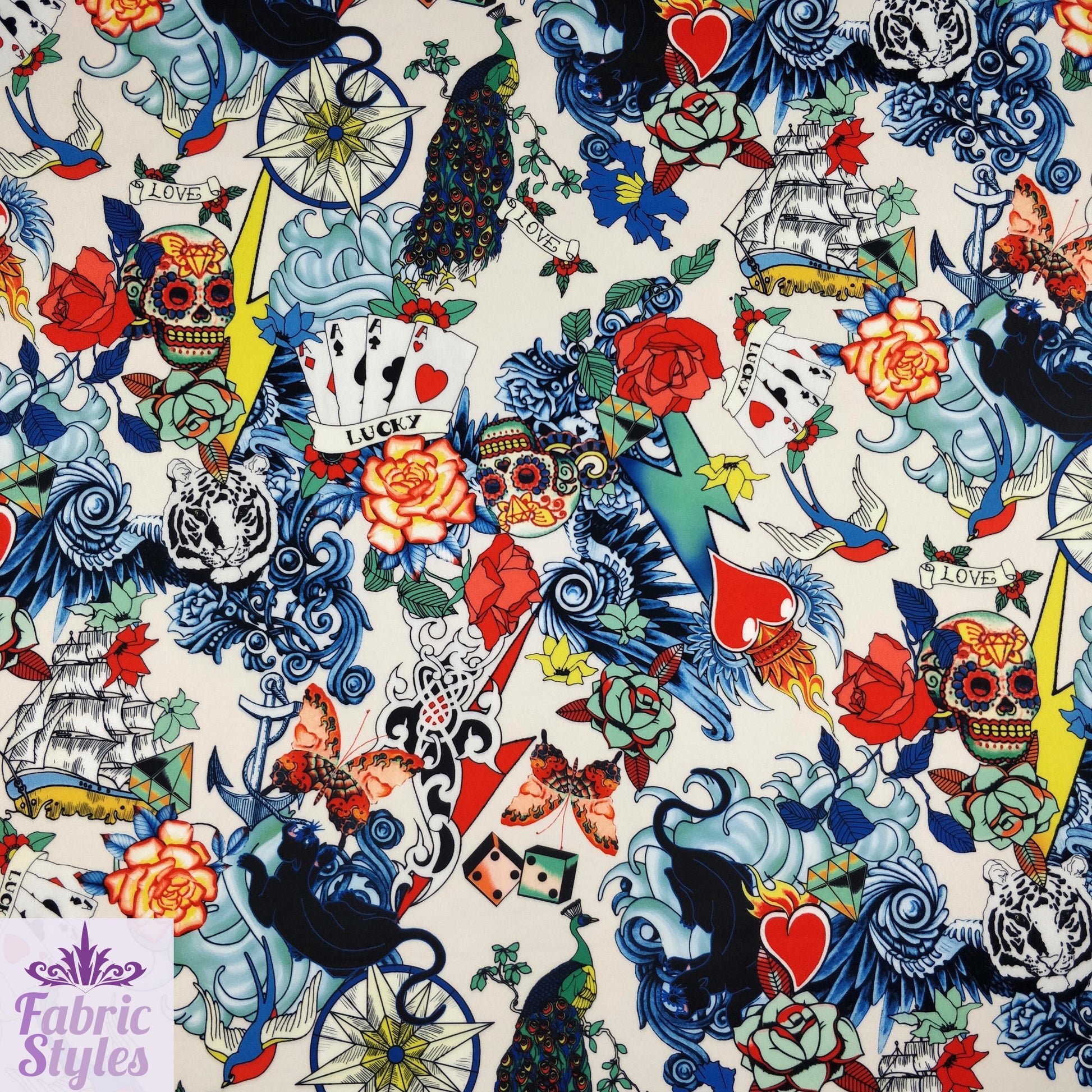 FS117_2 Floral Tattoo Vintage Cards Print Scuba Stretch Knit Fabric White | Fabric | Ace, Cards, Conversational, drape, Fabric, fashion fabric, Hearts, Love, Retro, Scuba, sewing, Skull, Tattoo, Vintage | Fabric Styles