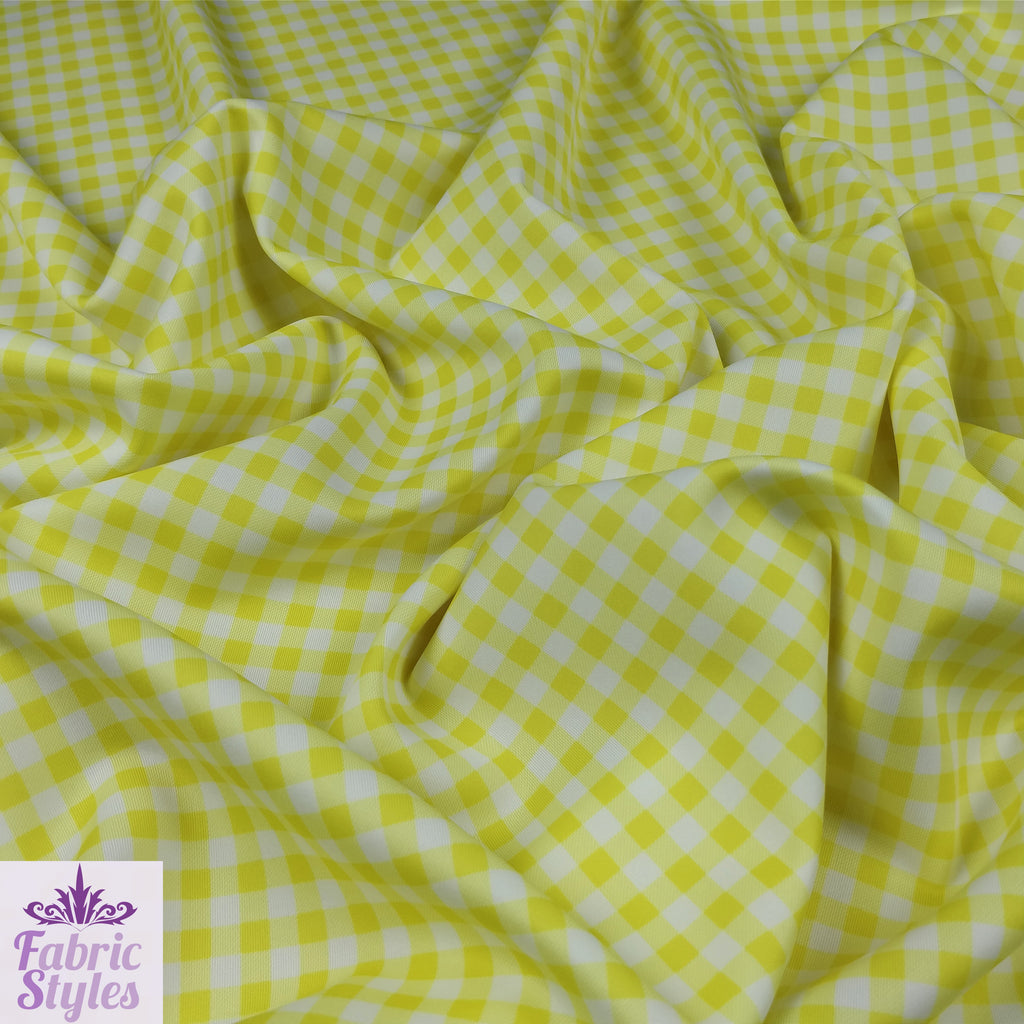 FS130_4 Yellow Gingham Print Scuba Stretch Fabric Yellow | Fabric | checks, Discounted, drape, Fabric, fashion fabric, Gingham, jersey, making, Scuba, sewing, Tartan, Yellow | Fabric Styles