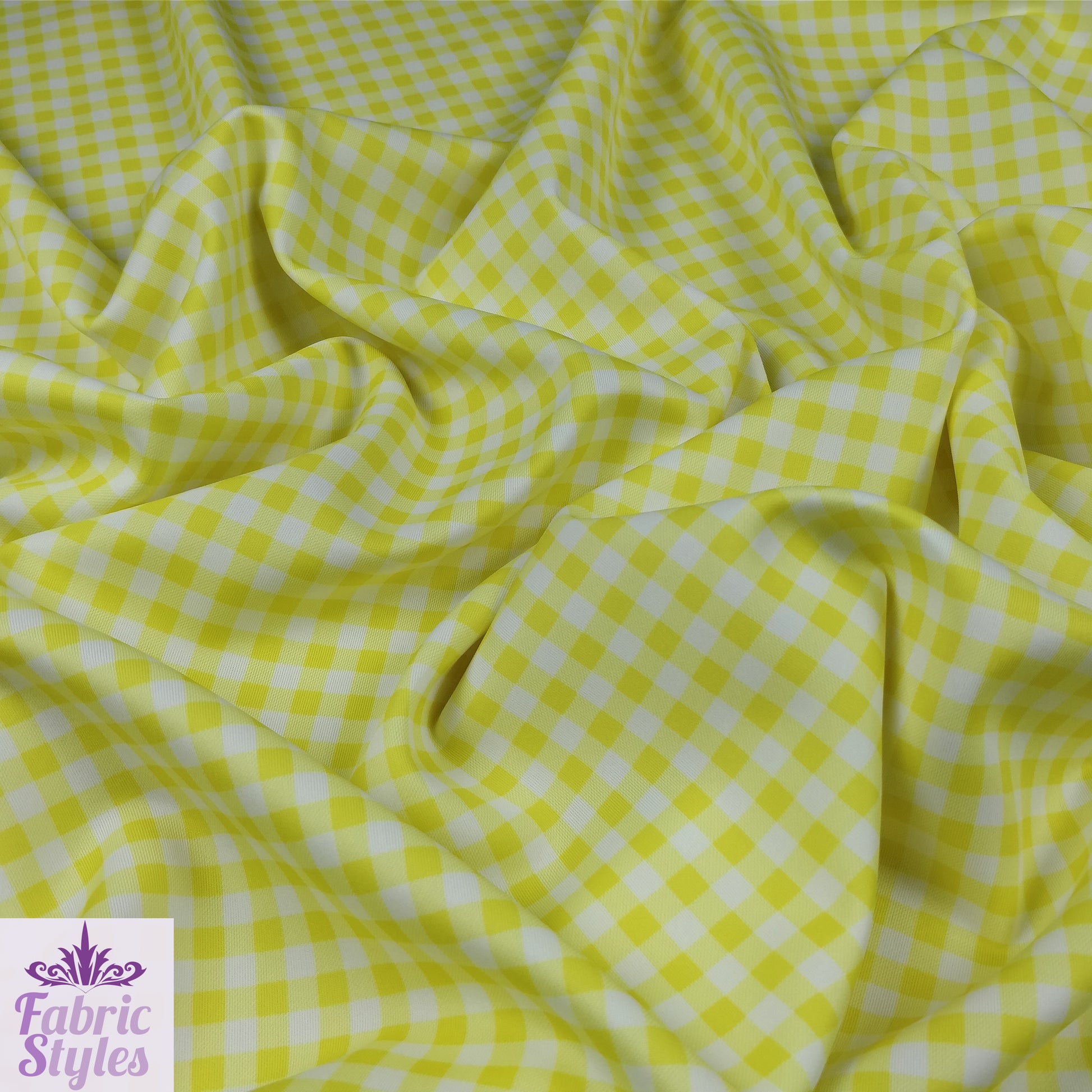 FS130_4 Yellow Gingham Print Scuba Stretch Fabric Yellow | Fabric | checks, Discounted, drape, Fabric, fashion fabric, Gingham, jersey, making, Scuba, sewing, Tartan, Yellow | Fabric Styles