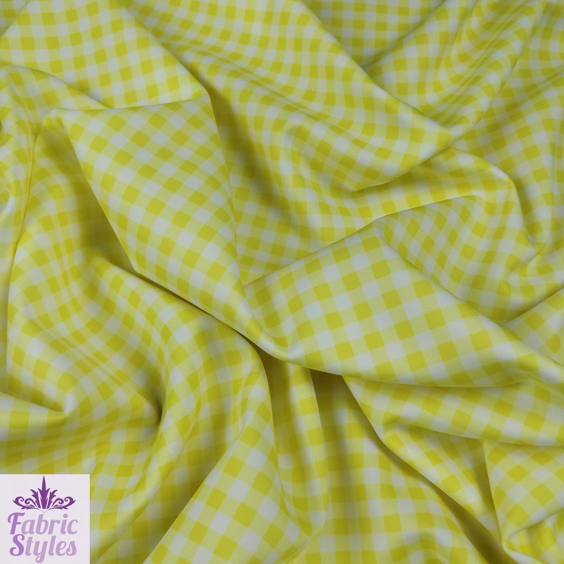 FS130_4 Yellow Gingham Print Scuba Stretch Fabric Yellow | Fabric | checks, Discounted, drape, Fabric, fashion fabric, Gingham, jersey, making, Scuba, sewing, Tartan, Yellow | Fabric Styles