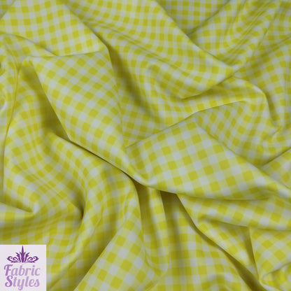 FS130_4 Yellow Gingham Print Scuba Stretch Fabric Yellow | Fabric | checks, Discounted, drape, Fabric, fashion fabric, Gingham, jersey, making, Scuba, sewing, Tartan, Yellow | Fabric Styles