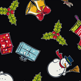 FS151 Snowman Bells Print Black Spun Polyester Knit Stretch Fabric Black | Fabric | Bell, Bells, Christmas, fabric, Gift, Holly, jersey, polyester, Present, presents, Reindeer, santa, sledge, snowflakes, snowman, spun polyester, Spun Polyester Elastane, xmas | Fabric Styles