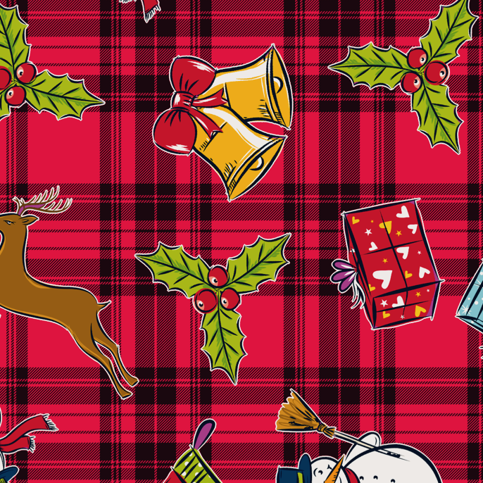 FS152 Reindeer Tartan Bells Print Black | Fabric Styles