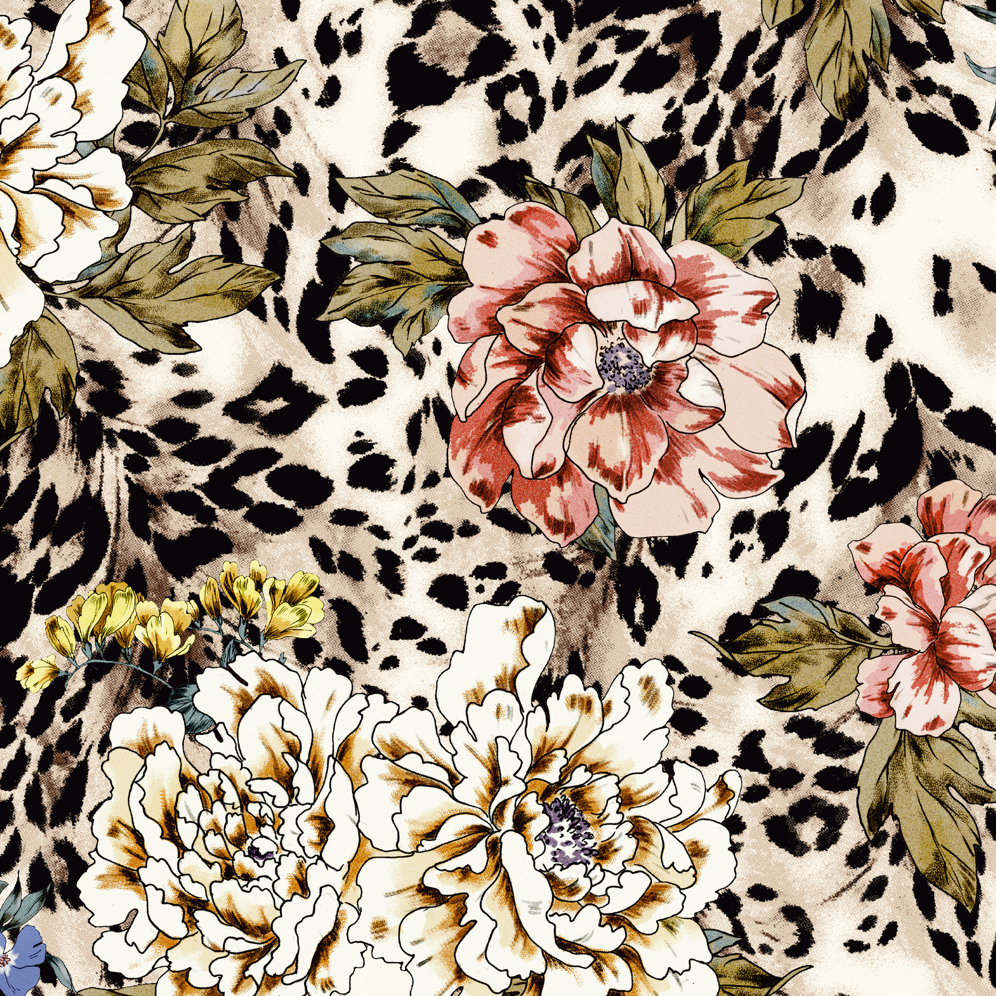 FS364 Leopard Floral | Fabric | Animal, Babywear, Dress making, Fabric, fashion fabric, Floral, Flower, Flowers, jersey, Leopard, Rompers, Scuba, Skirt, Stretch, Stretchy, Trousers | Fabric Styles