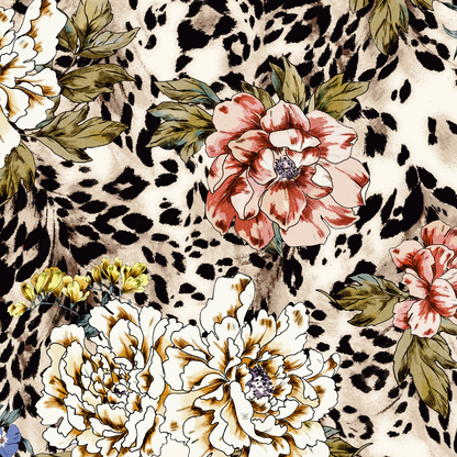 FS364 Leopard Floral | Fabric | Animal, Babywear, Dress making, Fabric, fashion fabric, Floral, Flower, Flowers, jersey, Leopard, Rompers, Scuba, Skirt, Stretch, Stretchy, Trousers | Fabric Styles