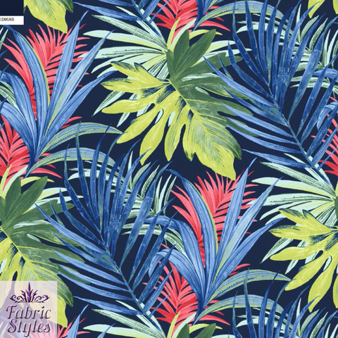 FS008_2 Tropical Leaf Print Polyester Fabric | Fabric | Blue, fabric, Floral, Flower, Green, Leaf, limited, Navy, SALE, spun poly, Spun Polyester, Spun Polyester Elastane, Tropical | Fabric Styles