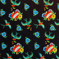 FS1137 Floral Heart & Birds Soft Touch Stretch Fabric Black | Birds, Love, Love Heart, Soft Touch, Tattoo | Fabric Styles