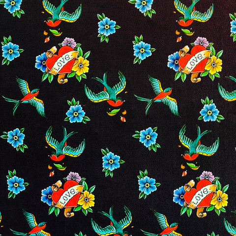 FS1137 Floral Heart & Birds Soft Touch Stretch Fabric Black | Birds, Love, Love Heart, Soft Touch, Tattoo | Fabric Styles