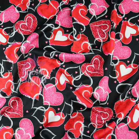 FS908 Sparkled Love Hearts | Fabric | Animal, Animals, drape, Dress making, Fabric, fashion fabric, Galaxy, jersey, Kids, Neon, panda, pandas, Pastel, Pink, Polyester, Rainbow, Scuba, sewing, stars, Stripe, stripes, Tie Die, Valentine, Valentines | Fabric Styles