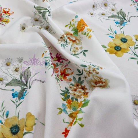 FS944 Maddie May Floral | Fabric | Fabric, fashion fabric, Floral, Florals, Flower, Flowers, jersey, Nude, pink, Scuba Crepe, sewing, stretch, White, Yellow | Fabric Styles