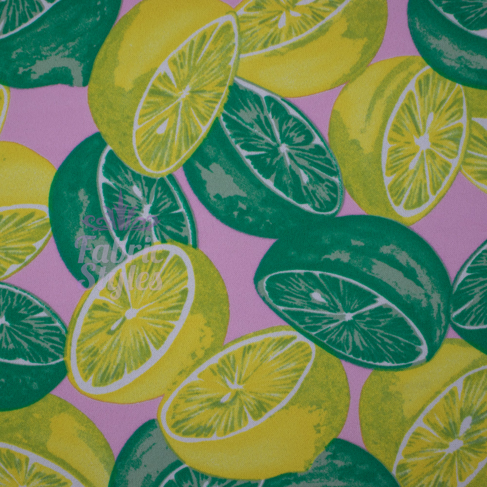 FS721 Lemon & Lime | Fabric | Blue, elastane, Fabric, fashion fabric, Floral, Fruit, Fruits, Garden, jersey, Leaf, Lemon, Lemons, Light, Lime, making, Mint, Polyester, sale, Scuba Crepe, sewing, Skirt, Stretchy, Summer, Yellow | Fabric Styles