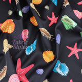 FS948_1 Starfish Shells | Fabric | animal, black, Children, Fabric, fashion fabric, fish, jersey, Kids, Purple, scuba, sewing, shell, shells, star, Starfish, stretch | Fabric Styles