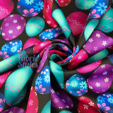 FS947 Easter Egg Hunt | Fabric | Black, Bunny, Easter, Easter Egg, Fabric, fashion fabric, hunt, jersey, Nude, Pink, Purple, rabbit, scuba, sewing, stretch | Fabric Styles