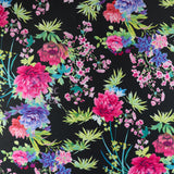 FS132_2 Tropical Floral Silky Stretch Knit Fabric Black & Scuba Crepe Stretch Knit Fabric | Fabric | Black, Fabric, fashion fabric, Floral, jersey, Purple, sale, Scuba crepe, sewing, Soft touch, stretch, Tropical, White | Fabric Styles