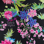 FS132_2 Tropical Floral Silky Stretch Knit Fabric Black & Scuba Crepe Stretch Knit Fabric | Fabric | Black, Fabric, fashion fabric, Floral, jersey, Purple, sale, Scuba crepe, sewing, Soft touch, stretch, Tropical, White | Fabric Styles