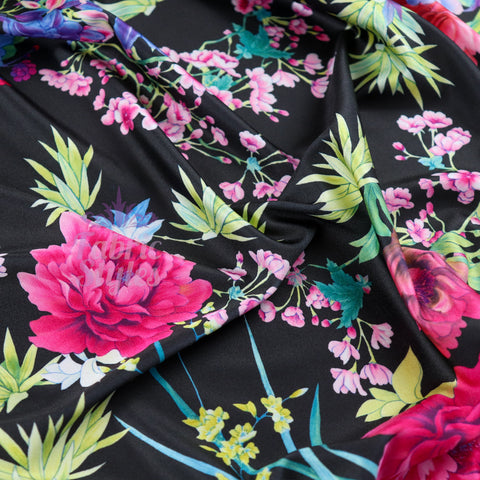 FS132_2 Tropical Floral Silky Stretch Knit Fabric Black & Scuba Crepe Stretch Knit Fabric | Fabric | Black, Fabric, fashion fabric, Floral, jersey, Purple, sale, Scuba crepe, sewing, Soft touch, stretch, Tropical, White | Fabric Styles