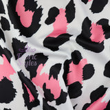 FS578 Raw Pink Leopard | Fabric | Animal, drape, elastane, Fabric, fashion fabric, jersey, Leopard, making, Pink, Polyester, scuba, sewing, Skirt, Stretchy, White | Fabric Styles