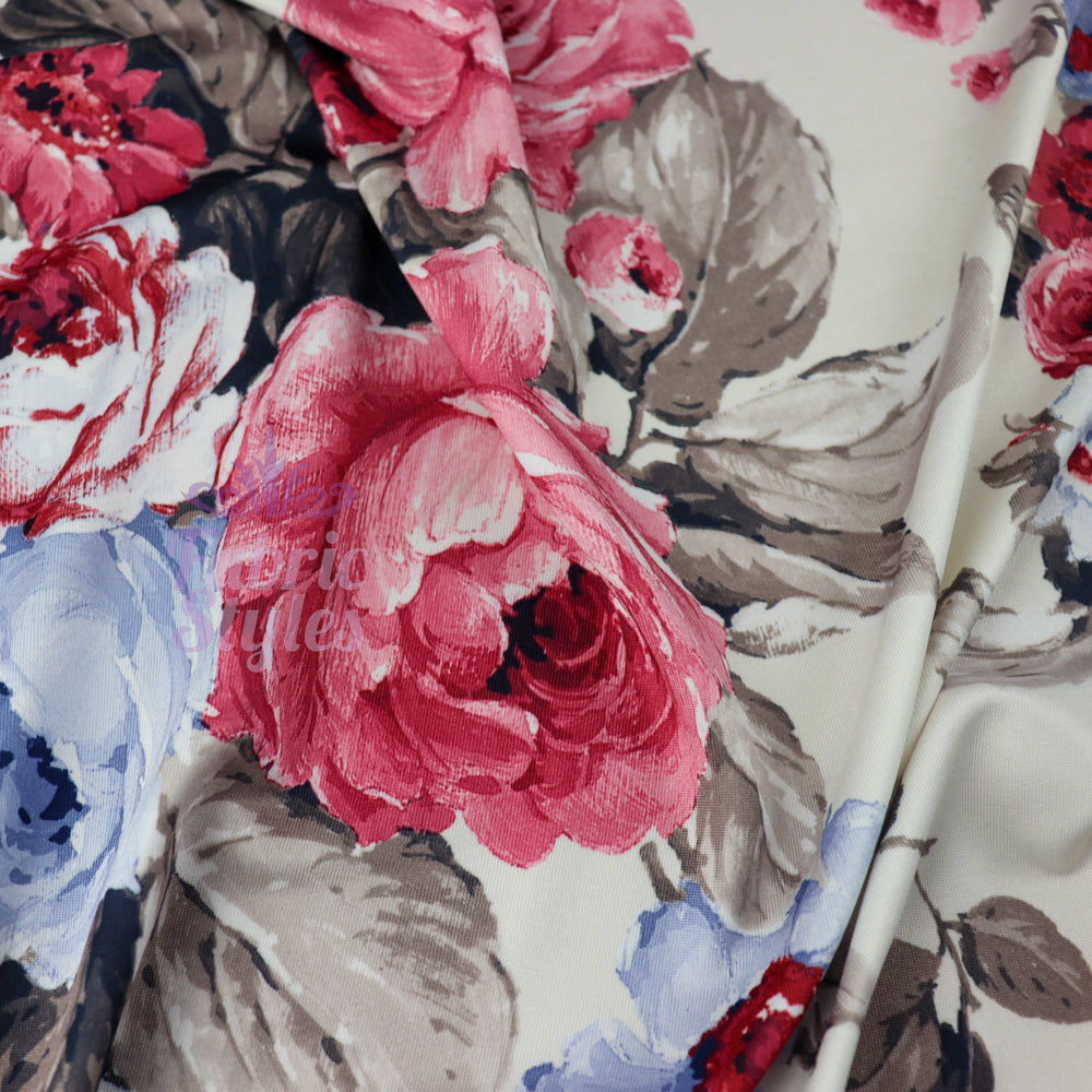 Floral Soft Touch Silky Stretch Knit Fabric Beige & Blue