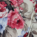 Floral Soft Touch Silky Stretch Knit Fabric Beige & Blue
