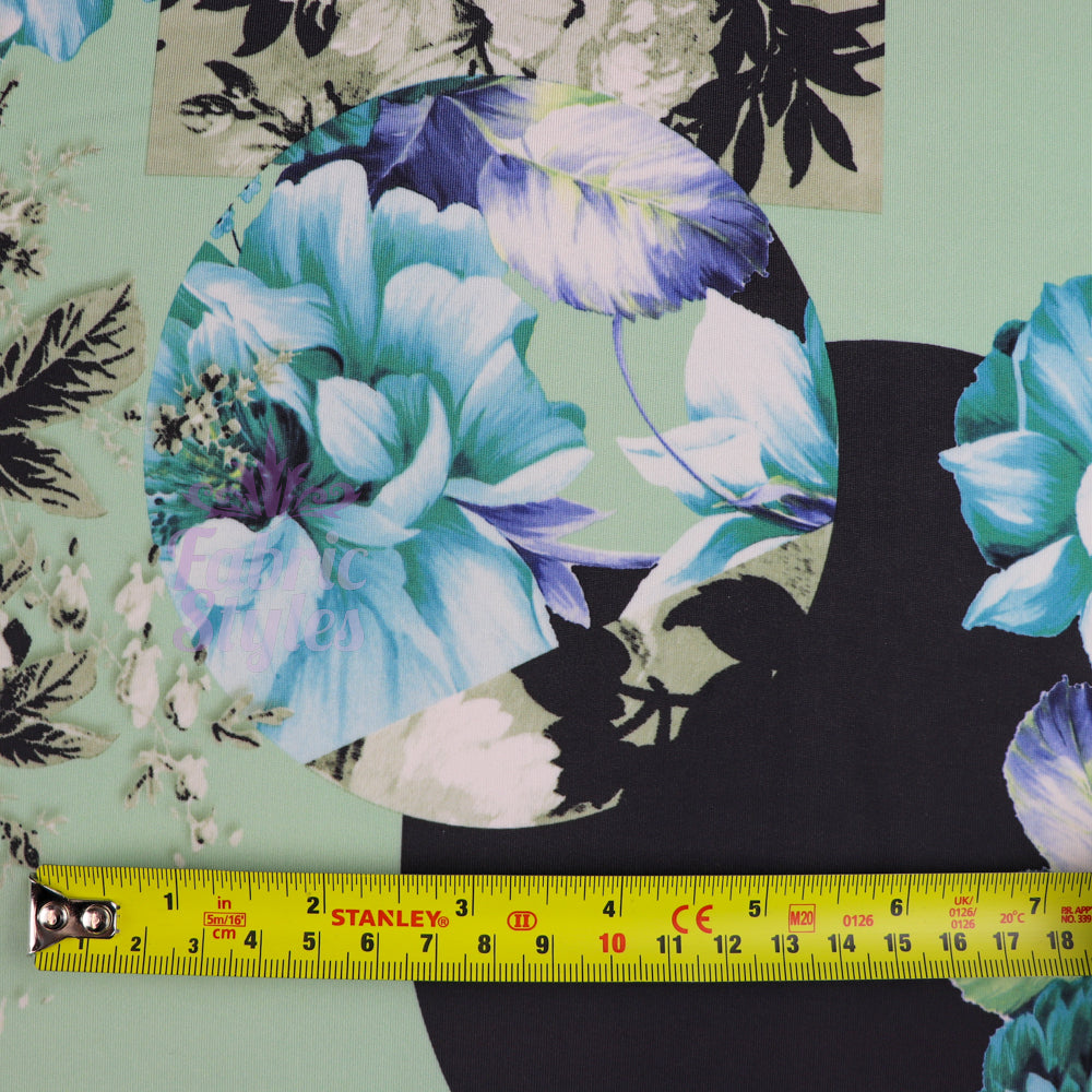 FS956 Mint Floral Soft Touch Silky Stretch Knit Fabric Black & Mint | Fabric | Fabric, fashion fabric, Floral, jersey, Purple, Sale, sewing, Soft Touch, stretch, White | Fabric Styles