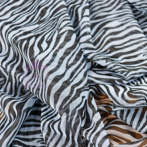 FS961 Zebra Powermesh | Fabric | Animal, drape, Fabric, fashion fabric, jersey, making, Power Mesh, Powermesh, sale, sewing, stretch, Stretchy, white, Zebra | Fabric Styles