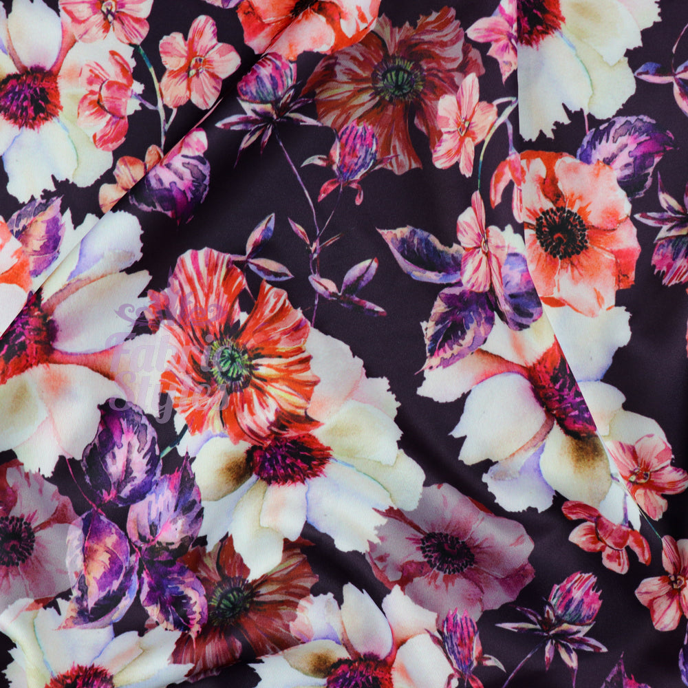 FS576 Meraki Bloom | Fabric | drape, elastane, Fabric, fashion fabric, Floral, Flower, Flowers, FS574, FS576, Ivory, jersey, making, Pink, Polyester, Purple, Scuba, sewing, Stretchy, Watercolor, Watercolour | Fabric Styles