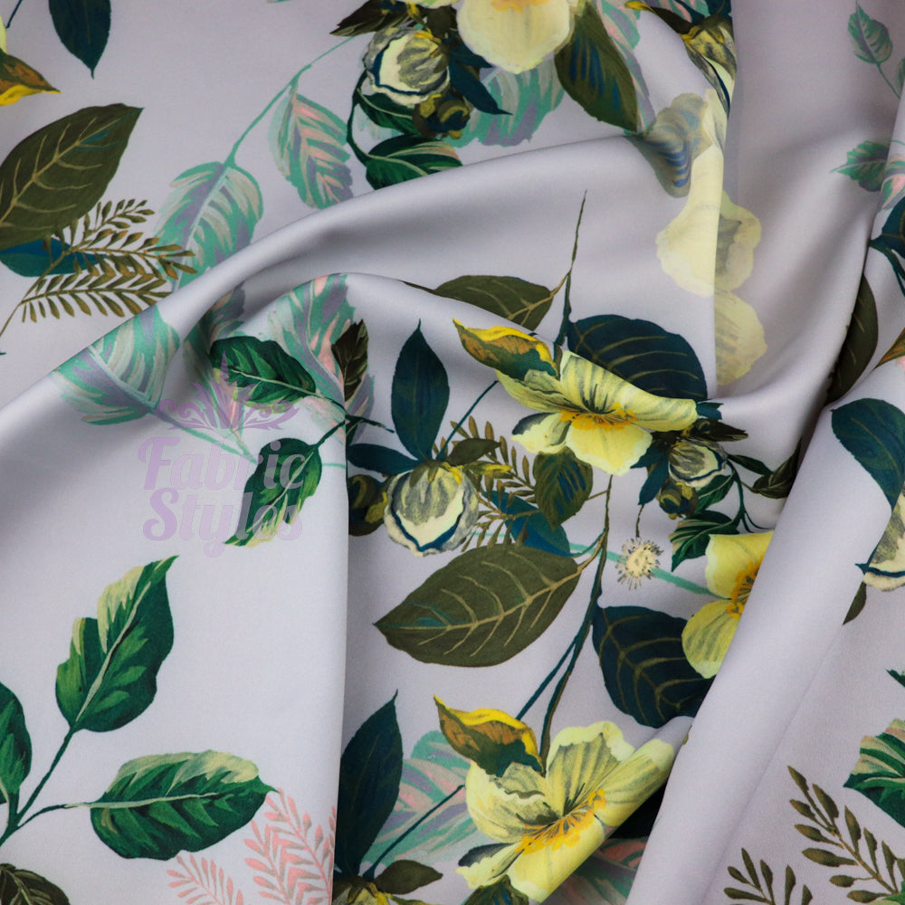 FS974 Grey Floral | Fabric | Fabric, fashion fabric, Floral, jersey, Purple, scuba, sewing, stretch, White | Fabric Styles