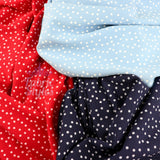 FS589 Polka Dots Liverpool Fabric | Fabric | blue, dots, drape, Elastane, Fabric, fashion fabric, Liverpool, New, Polka dots, polyester, Powder blue, red, sewing, spot, spots, stretch, Stretchy, textured, Waffle, White | Fabric Styles